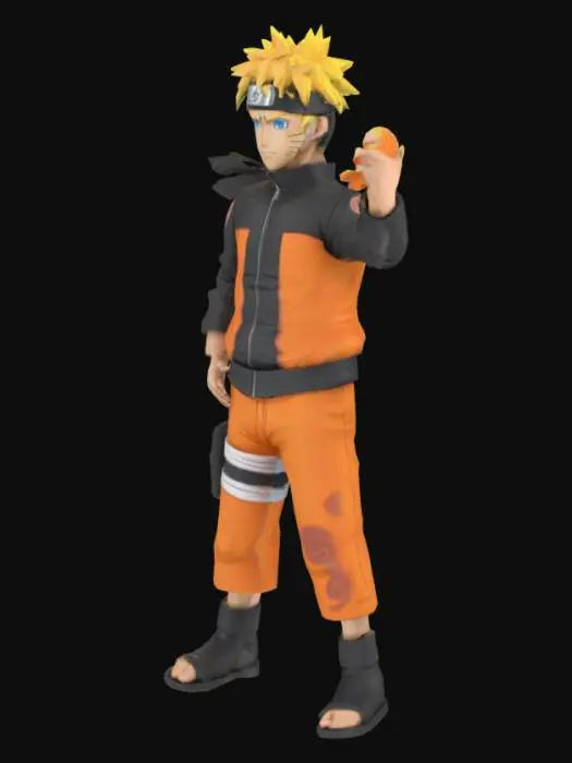 3D model for Create a highly detailed 3D model of Naruto Uzumaki from the anime "Naruto Shippuden". He should be depicted in his iconic orange and black ninja outfit, with the Uzumaki clan symbol on the back. Include his spiky blond hair, blue eyes, and whisker-like facial markings. The model should be in a dynamic ninja pose, ready for action, possibly forming a Rasengan in one hand. Include his headband with the Leaf Village symbol and his kunai holster on the right thigh. Pay close attention to textures: fabric should look realistic, with subtle wear. The model should be fully rigged for animation and suitable for game or cinematic use.