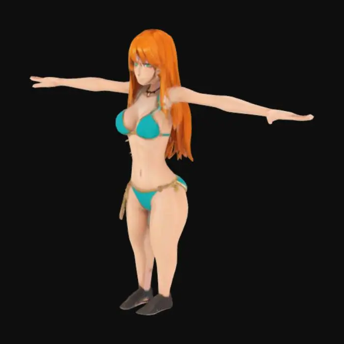 3D model for A stunning anime-style female character with long orange hair, large expressive eyes, and a confident pose. She wears a stylish and revealing fantasy bikini outfit with gold and teal accents, similar to a pirate or adventurer. Her body is slim yet curvy, with flawless skin and toned abs. She has a charming smile, and she's standing with one hand on her hip. Her outfit includes elegant jewelry, like a bracelet and earrings. The scene is bright, beach-themed, with wind blowing through her hair — vibrant, detailed anime art style 

