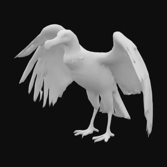 3D model for A majestic 4k Andean condor with a massive wingspan, powerful build, and black feathers. White neck ruff, bare red head, hooked beak, and broad wings with finger-like feathers. Strong talons and fan-shaped tail. Regal expression., Legend of Zelda#realistic