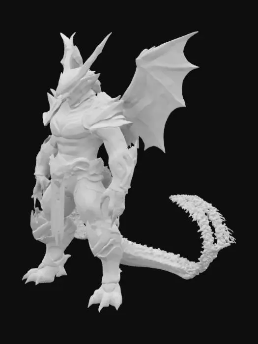 3D model for 一个彪悍，肌肉发达，长相略微帅气但又可怕的龙人，身披甲胄，一副最终大boss的样子 ，有翅膀，翅膀展开有龙角，盔甲覆盖肩，腹，腿关节