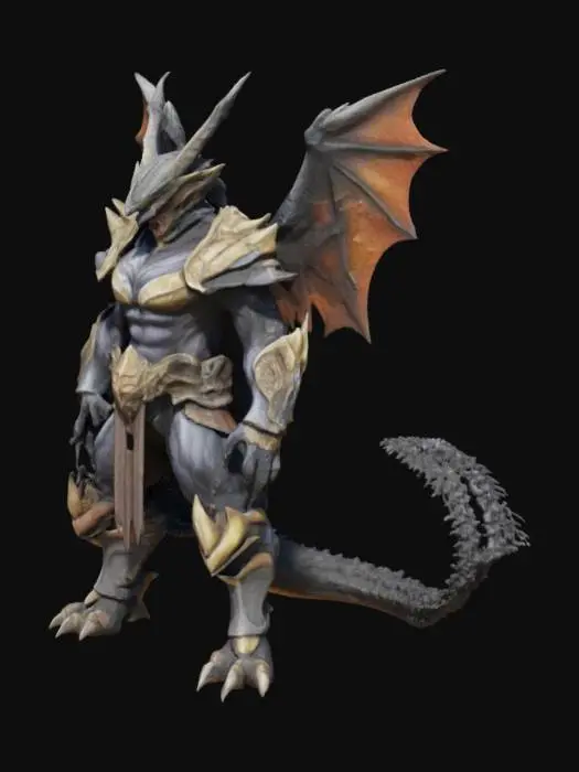 3D model for 一个彪悍，肌肉发达，长相略微帅气但又可怕的龙人，身披甲胄，一副最终大boss的样子 ，有翅膀，翅膀展开有龙角，盔甲覆盖肩，腹，腿关节