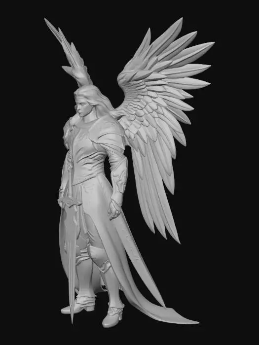3D model for a towering archangel, human in form yet unmistakably divine. His build is strong and perfectly proportioned, broad shoulders and a calm, commanding stance. His face is stern and serene, with sharp, noble features, a short, well-kept beard, and intense eyes glowing softly with white-gold light. His hair is long, dark gold mixed with ash tones, slightly wavy, flowing to his shoulders.

His armor is heavy and majestic: layered plates of silver and pale ivory, matte rather than shiny, engraved with fine, ancient holy symbols and lines that emit a faint glow. The armor shows subtle battle wear—scratches and dents—but is unbroken and sacred. His wings are large and powerful, feathers ivory with darker edges, slightly weathered.

In his hands, paint a realistic, ornate sword: long, straight bl