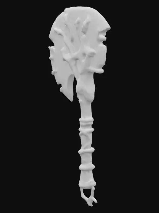 3D model for Create a large, stylized utility axe designed by an alien species from a volcanic undersea world. The axe should look functional but crafted from organic and coral-like materials — with asymmetrical blades resembling fossilized shell, molten reefstone, and bone. Instead of a combat edge, the blade should look worn and utilitarian, used for tasks like harvesting or carving. Bioluminescent veins of teal and purple pulse softly through the handle and axe head, like living energy channels. The grip is wrapped in alien hide or smooth shell plating, reinforced with barnacle-covered braces. Stylize the design with exaggerated proportions and painterly textures, like in Sea of Thieves. Emphasize its role as a labor tool used by alien brutes or underwater builders — brutal yet practical.