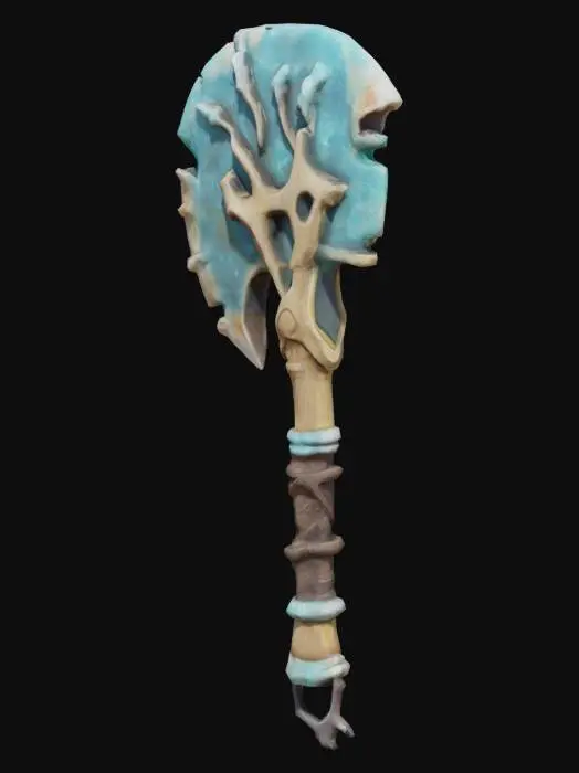 3D model for Create a large, stylized utility axe designed by an alien species from a volcanic undersea world. The axe should look functional but crafted from organic and coral-like materials — with asymmetrical blades resembling fossilized shell, molten reefstone, and bone. Instead of a combat edge, the blade should look worn and utilitarian, used for tasks like harvesting or carving. Bioluminescent veins of teal and purple pulse softly through the handle and axe head, like living energy channels. The grip is wrapped in alien hide or smooth shell plating, reinforced with barnacle-covered braces. Stylize the design with exaggerated proportions and painterly textures, like in Sea of Thieves. Emphasize its role as a labor tool used by alien brutes or underwater builders — brutal yet practical.