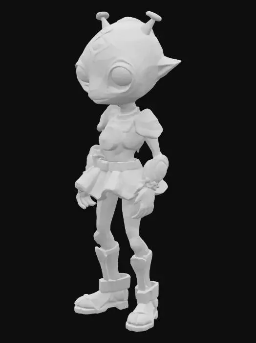 3D model for A unique alien character with three eyes, glowing skin, and a weird-shaped body, in a cartoon style with toon shading. The alien has bright colors, simple armor, and strange patterns on its skin.