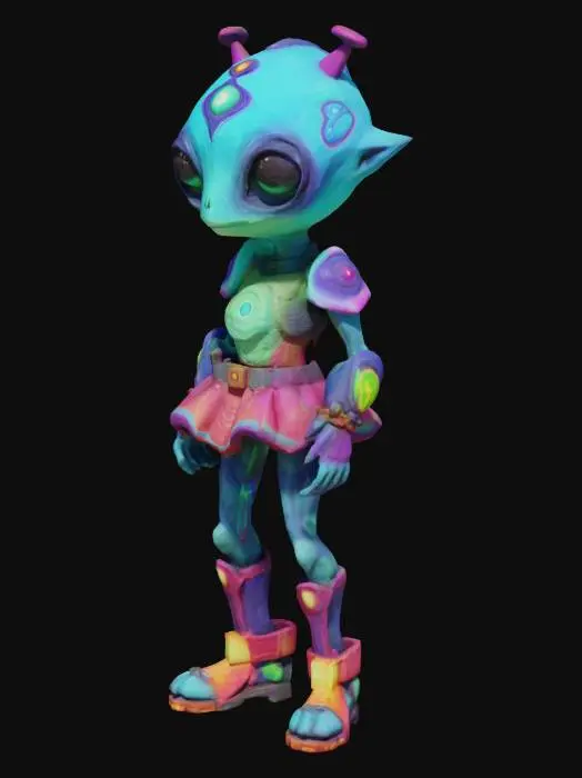 3D model for A unique alien character with three eyes, glowing skin, and a weird-shaped body, in a cartoon style with toon shading. The alien has bright colors, simple armor, and strange patterns on its skin.