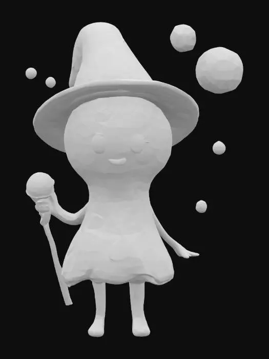 3D model for A cute cartoon-style bubble mage made of jelly, with a big wizard hat, glowing bubbles inside its body, and short arms and legs. Holding a magical bubble wand staff. Soft colors, shiny highlights, toon shading, clean lines, and a fun, animated look.