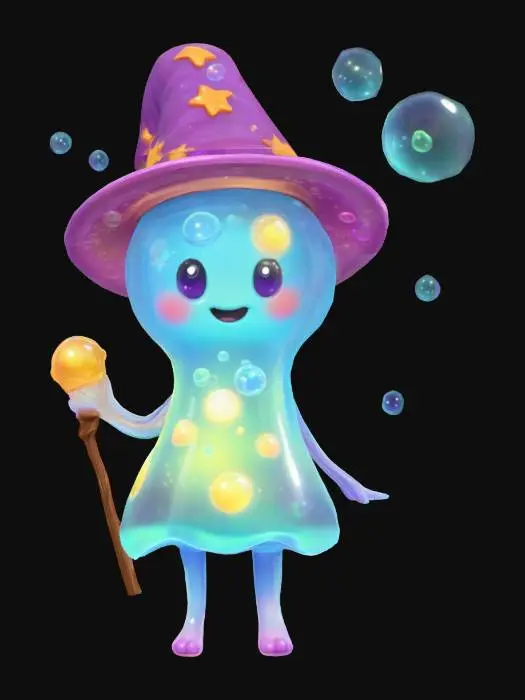 3D model for A cute cartoon-style bubble mage made of jelly, with a big wizard hat, glowing bubbles inside its body, and short arms and legs. Holding a magical bubble wand staff. Soft colors, shiny highlights, toon shading, clean lines, and a fun, animated look.
