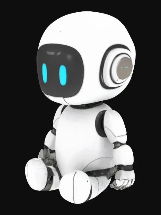 3D model for A small, cute robot with a simple design, sitting on the avatar’s shoulder, featuring blinking eyes and smooth, minimal animations, futuristic style on a transparent background.