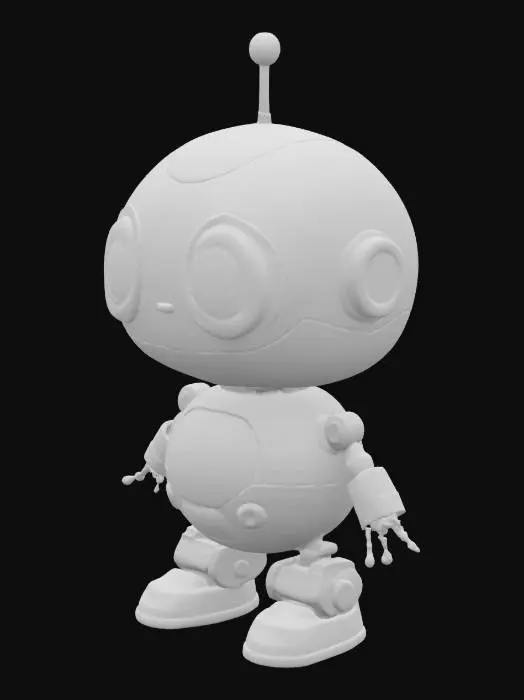 3D model for A small, cute robot with a simple design, sitting on the avatar’s shoulder, featuring blinking eyes and smooth, minimal animations, futuristic style on a transparent background.