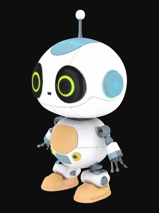 3D model for A small, cute robot with a simple design, sitting on the avatar’s shoulder, featuring blinking eyes and smooth, minimal animations, futuristic style on a transparent background.