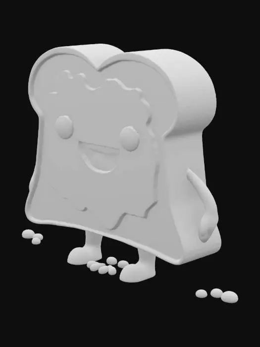 3D model for A thick slice of golden-brown toast with a slightly crunchy texture, two stubby cartoon legs, and a smiling face drawn with melted butter. The crust is a bit darker, giving it a toasted edge. Its eyes are small black dots, and it has a tiny blush on its "cheeks." The character waddles slightly when it walks, leaving a few tiny crumbs behind.

Minimalist, stylized, and cute — designed for charm over complexity. Transparent background.

