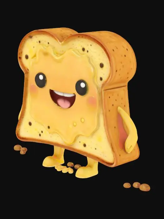 3D model for A thick slice of golden-brown toast with a slightly crunchy texture, two stubby cartoon legs, and a smiling face drawn with melted butter. The crust is a bit darker, giving it a toasted edge. Its eyes are small black dots, and it has a tiny blush on its "cheeks." The character waddles slightly when it walks, leaving a few tiny crumbs behind.

Minimalist, stylized, and cute — designed for charm over complexity. Transparent background.


