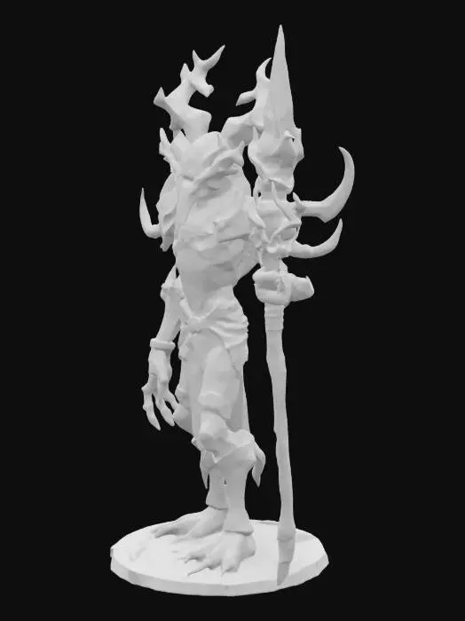 3D model for Generate a stylized 3D character in the grotesque, decayed sci-fi fantasy style of Destiny 2's Hive. Kraz’thuun is a Hive necro-psalmist—a towering, insectoid prophet who chants the names of the dead to resurrect them as spectral warriors. Its form is humanoid but elongated and gaunt, with bony protrusions resembling a cathedral’s spires jutting from its back. Its skin is rough and fossil-like, marked with ancient runes that faintly pulse green with each whispered chant. The head is crowned with twisted horn-like growths and hollow eyes that glow with soul-light. It wears tattered, ritualistic armor made from chitin, decayed metals, and hive fungus, engraved with sacrificial hymns. It carries a staff embedded with a glowing soul crystal and skeletal chimes