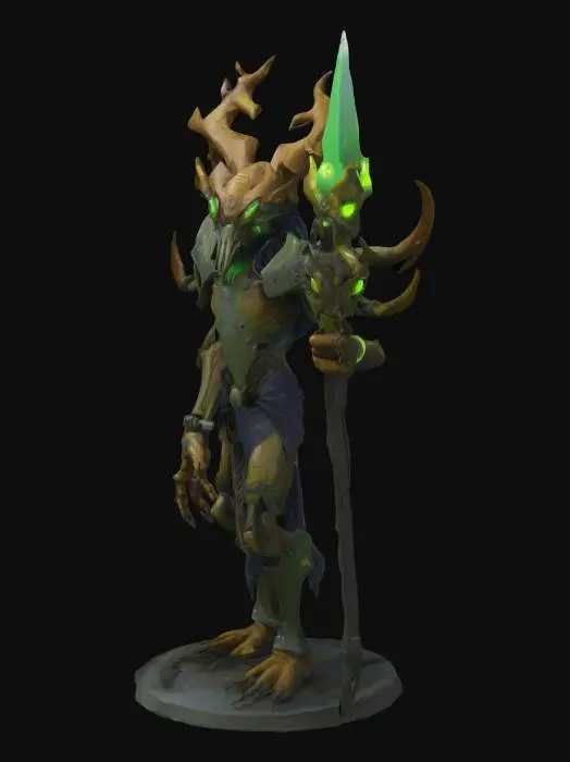 3D model for Generate a stylized 3D character in the grotesque, decayed sci-fi fantasy style of Destiny 2's Hive. Kraz’thuun is a Hive necro-psalmist—a towering, insectoid prophet who chants the names of the dead to resurrect them as spectral warriors. Its form is humanoid but elongated and gaunt, with bony protrusions resembling a cathedral’s spires jutting from its back. Its skin is rough and fossil-like, marked with ancient runes that faintly pulse green with each whispered chant. The head is crowned with twisted horn-like growths and hollow eyes that glow with soul-light. It wears tattered, ritualistic armor made from chitin, decayed metals, and hive fungus, engraved with sacrificial hymns. It carries a staff embedded with a glowing soul crystal and skeletal chimes