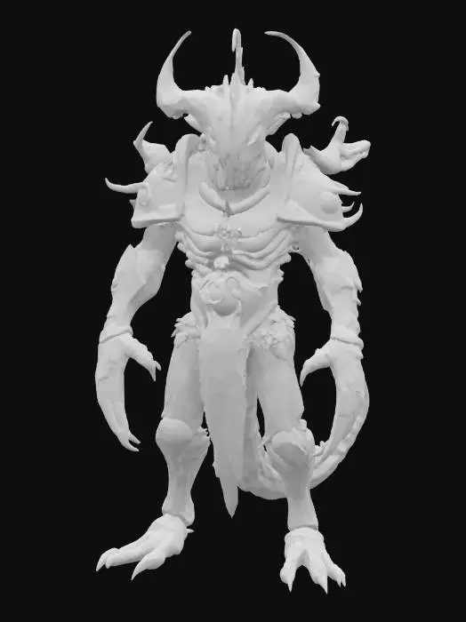 3D model for Create a stylized 3D character called “Xirhaal, Larva of the Deep Choir”—a Hive-inspired alien priest fused with a parasite. Its hunched, insectoid body features cracked bone armor and a bloated torso glowing with green fissures. Larvae peek from openings in its chest. Long, clawed arms, fungal growths, and an ossified mask with glowing eyes complete its form. A segmented tail trails behind. Use hand-painted textures with magical rot, bioluminescent green highlights, and etched runes. No fur or realism—focus on painted detail. Max 10,000 triangles, game-ready topology.