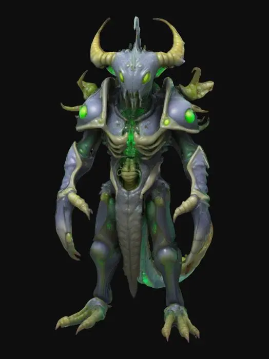 3D model for Create a stylized 3D character called “Xirhaal, Larva of the Deep Choir”—a Hive-inspired alien priest fused with a parasite. Its hunched, insectoid body features cracked bone armor and a bloated torso glowing with green fissures. Larvae peek from openings in its chest. Long, clawed arms, fungal growths, and an ossified mask with glowing eyes complete its form. A segmented tail trails behind. Use hand-painted textures with magical rot, bioluminescent green highlights, and etched runes. No fur or realism—focus on painted detail. Max 10,000 triangles, game-ready topology.