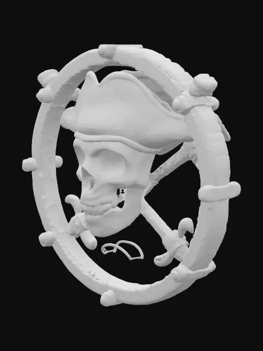 3D model for Create a highly detailed 3D #emblem# inspired by Sea of Thieves. The design should feature stylized pirate iconography with a bold, weathered look. Central motif: a cracked skull wearing a battered tricorn hat, with glowing green eyes. Surround the skull with crossed cutlasses and nautical elements like a coiled rope, anchor, compass rose, and barnacles. Use sharp silhouettes and swirling curves to evoke motion and sea mysticism. Emblem should have an aged brass or rusted iron material, with worn edges and oceanic corrosion. Stylize it with a hand-crafted, exaggerated Sea of Thieves aesthetic—chunky forms, exaggerated detail, and pirate fantasy flair. The overall shape should be circular with layered depth and clean silhouette. Use PBR-style texture realism with stylized exaggeration.