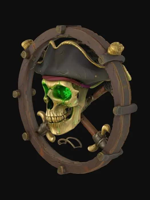 3D model for Create a highly detailed 3D #emblem# inspired by Sea of Thieves. The design should feature stylized pirate iconography with a bold, weathered look. Central motif: a cracked skull wearing a battered tricorn hat, with glowing green eyes. Surround the skull with crossed cutlasses and nautical elements like a coiled rope, anchor, compass rose, and barnacles. Use sharp silhouettes and swirling curves to evoke motion and sea mysticism. Emblem should have an aged brass or rusted iron material, with worn edges and oceanic corrosion. Stylize it with a hand-crafted, exaggerated Sea of Thieves aesthetic—chunky forms, exaggerated detail, and pirate fantasy flair. The overall shape should be circular with layered depth and clean silhouette. Use PBR-style texture realism with stylized exaggeration.