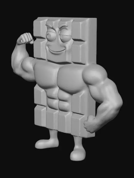 3D model for A cute but strong cartoon chocolate character. The body is a full chocolate bar, and each chocolate square forms exaggerated six-pack abs. The chocolate bar has a glossy, smooth surface with deep grooves between the squares. Add big muscular arms made of melted chocolate shaped into strong biceps and forearms. Add simple cartoon legs and feet, also in chocolate. The face is drawn on the upper chocolate squares with expressive eyes and a confident smile. Style: stylized 3D cartoon, clean shapes, bright lighting, playful and bold proportions. No realistic human skin, everything should look like chocolate.