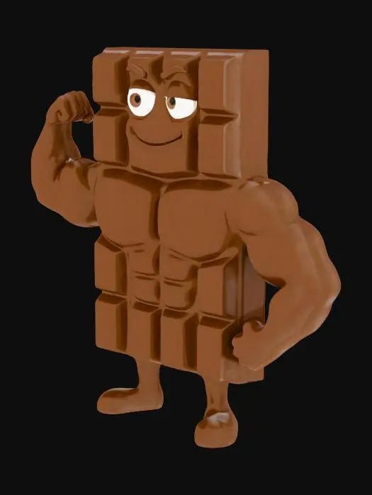 3D model for A cute but strong cartoon chocolate character. The body is a full chocolate bar, and each chocolate square forms exaggerated six-pack abs. The chocolate bar has a glossy, smooth surface with deep grooves between the squares. Add big muscular arms made of melted chocolate shaped into strong biceps and forearms. Add simple cartoon legs and feet, also in chocolate. The face is drawn on the upper chocolate squares with expressive eyes and a confident smile. Style: stylized 3D cartoon, clean shapes, bright lighting, playful and bold proportions. No realistic human skin, everything should look like chocolate.