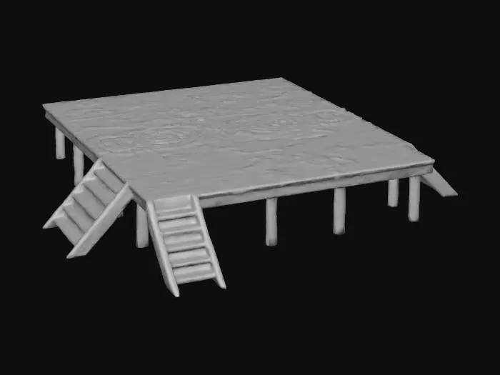 3D model for Large flat wooden platform with hand-painted aboriginal mural of a river and fish, with some small stilts and stairways to get onto the platform
