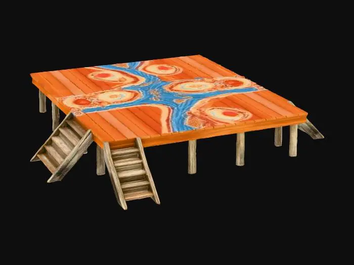 3D model for Large flat wooden platform with hand-painted aboriginal mural of a river and fish, with some small stilts and stairways to get onto the platform