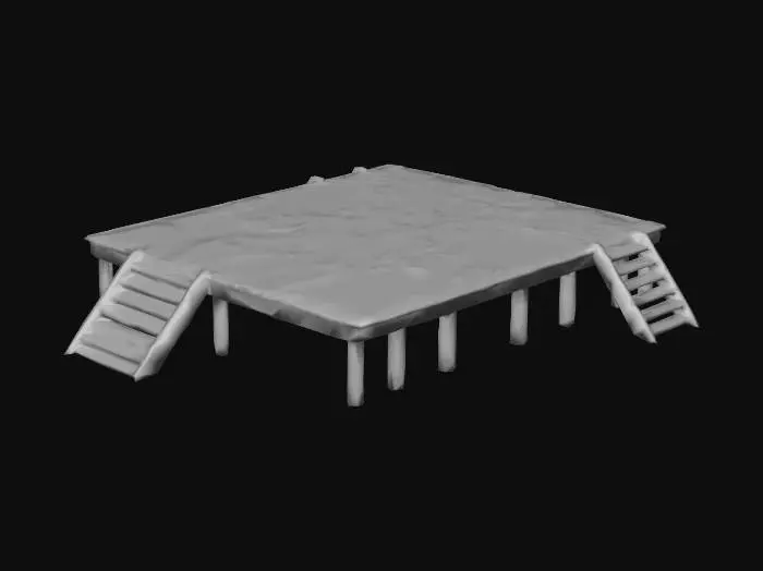 3D model for Large flat wooden platform with hand-painted aboriginal mural of a river and fish, with some small stilts and stairways to get onto the platform