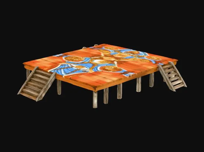 3D model for Large flat wooden platform with hand-painted aboriginal mural of a river and fish, with some small stilts and stairways to get onto the platform