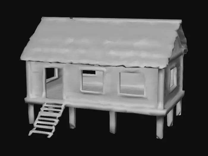 3D model for Make a minimal fisherman's cabin bungalow that has an open doorway and open windows (holes). Please have no furniture inside. Please make it rectangular and it's on stilts and has a staircase up to the front, with beautiful minimal architecture. Open concept. Wooden with a thatched roof, and some green moss. Painting of a blue and green  fish and river mural is inside