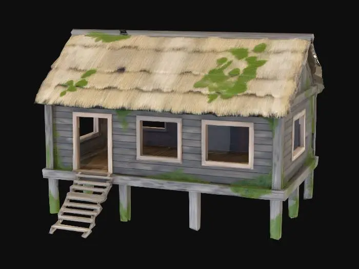 3D model for Make a minimal fisherman's cabin bungalow that has an open doorway and open windows (holes). Please have no furniture inside. Please make it rectangular and it's on stilts and has a staircase up to the front, with beautiful minimal architecture. Open concept. Wooden with a thatched roof, and some green moss. Painting of a blue and green  fish and river mural is inside