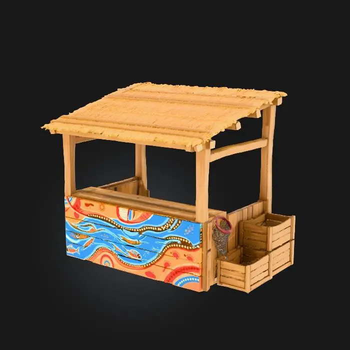 3D model for Make a minimal fisherman's market stall with hand-painted aboriginal mural of a river and fish