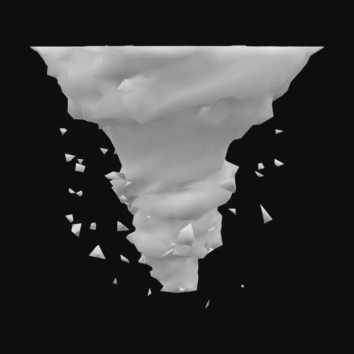 3D model for A massive, apocalyptic tornado swirling violently through downtown Los Angeles in the middle of the night. The camera slowly circles around the tornado, capturing flying houses, animals soaring through the dark sky, and debris swirling chaotically. The scene is lit only by lightning flashes and the eerie glow of city lights, creating a dramatic and terrifying atmosphere. 