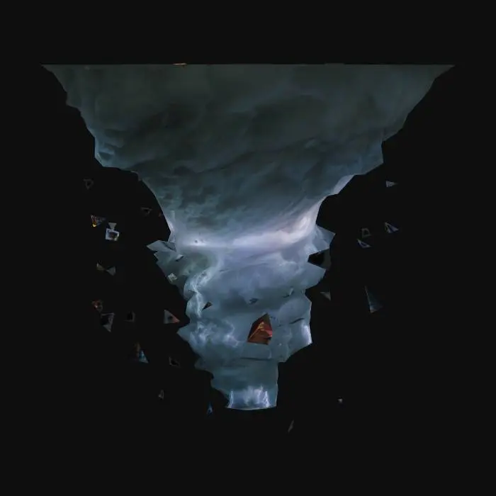 3D model for A massive, apocalyptic tornado swirling violently through downtown Los Angeles in the middle of the night. The camera slowly circles around the tornado, capturing flying houses, animals soaring through the dark sky, and debris swirling chaotically. The scene is lit only by lightning flashes and the eerie glow of city lights, creating a dramatic and terrifying atmosphere. 