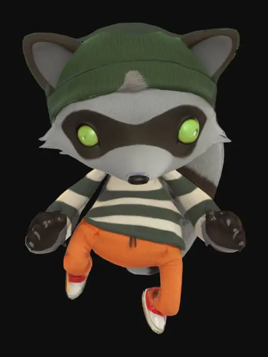 3D model for The object is an anthropomorphic raccoon character with a rounded, comic-like shape, wearing a striped sweater, beanie, and sneakers, featuring smooth textures and exaggerated facial features.