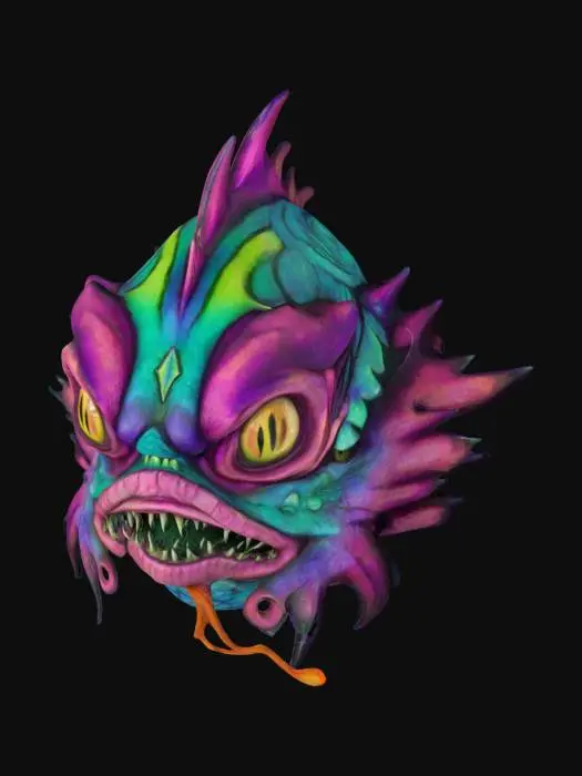 3D model for Neon Abyss Creature From The Black Lagoon, vibrant stylized creature head, exaggerated features, sharp jagged outlines, solid form. smooth surfaces, textured details, bold purples, greens, and yellows.