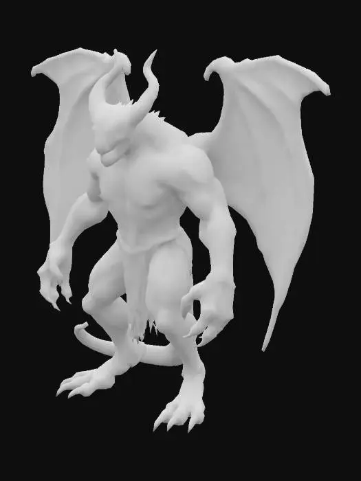 3D model for A hulking, stone-skinned gargoyle with bat-like wings that stretch wide and crackle with dark energy. Its body is carved from ancient, weathered obsidian, etched with glowing runes pulsing with necromantic power. Jagged, demonic horns curve from its skull-like head, and its glowing red eyes pierce the darkness. Razor-sharp claws extend from elongated, muscular arms, and its fanged maw is twisted in a permanent, cruel grin. Moss and cracks cover parts of its stone form, suggesting centuries of dormancy atop cursed cathedrals. When it moves, stone grinds against stone, and corrupted magic leaks from its joints like smoke. Designed in the dark gothic, exaggerated fantasy style of World of Warcraft, with a mix of menace and grotesque majesty