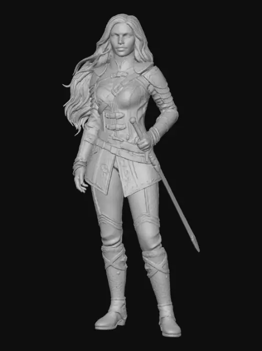 3D model for Aasimar from dungeons and dragons. Realistic female, with a slender build, and wearing leather armor. They do not have wings. They are standing in full-body view and are fully clothed.