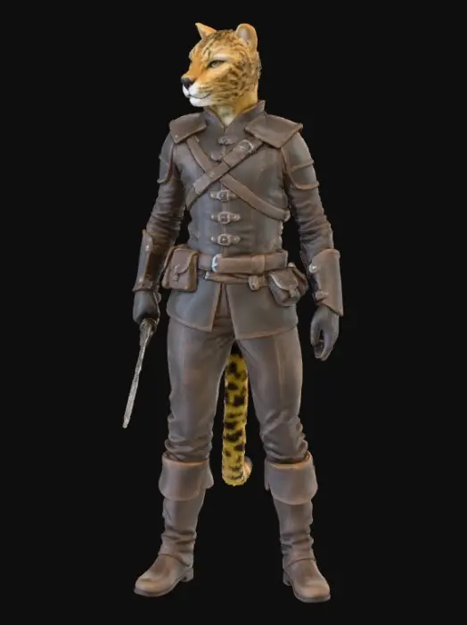 3D model for Tabaxi rogue from dungeons and dragons. Realistic, with a slender build, holding a short sword, and wearing leather armor. The have have no cloak or hood. They are standing in full-body view and are fully clothed. The cat face resembles an intimidating mainland leopard cat.