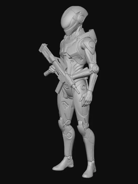 3D model for A Scout from an alien civilization with a streamlined, bionic body covered in deep blue high-hardness ceramic armor. Red biopolymer patches are visible at the armor joints. He carries a rifle that fires high-thermal plasma. Requirement: Biomechanic style, emphasize the smoothness and hardness of the ceramic, precise gaps and connection details between armor plates.