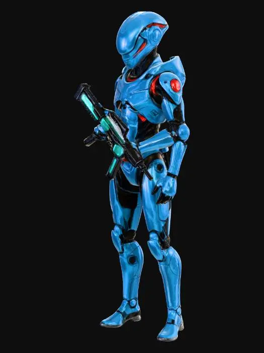 3D model for A Scout from an alien civilization with a streamlined, bionic body covered in deep blue high-hardness ceramic armor. Red biopolymer patches are visible at the armor joints. He carries a rifle that fires high-thermal plasma. Requirement: Biomechanic style, emphasize the smoothness and hardness of the ceramic, precise gaps and connection details between armor plates.