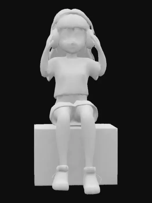 3D model for In the image, a young woman is the central figure, seated on a white pedestal against a backdrop of a light purple wall. She is dressed in a vibrant pink t-shirt and black shorts, adding a pop of color to the scene. Her feet are casually propped up on the pedestal, suggesting a relaxed atmosphere. In her hand, she holds a pair of headphones, perhaps indicating a love for music. Her gaze is directed off to the side, and a slight smile graces her face, hinting at a sense of contentment or amusement. The overall composition of the image suggests a casual, yet stylish setting.