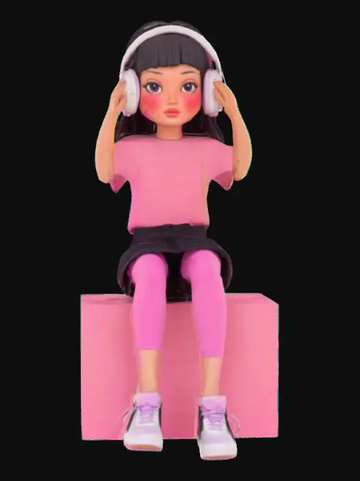 3D model for In the image, a young woman is the central figure, seated on a white pedestal against a backdrop of a light purple wall. She is dressed in a vibrant pink t-shirt and black shorts, adding a pop of color to the scene. Her feet are casually propped up on the pedestal, suggesting a relaxed atmosphere. In her hand, she holds a pair of headphones, perhaps indicating a love for music. Her gaze is directed off to the side, and a slight smile graces her face, hinting at a sense of contentment or amusement. The overall composition of the image suggests a casual, yet stylish setting.