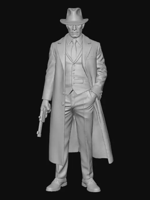 3D model for Un méchant de film de gangster classique, inspiré des années 1930 à 1950. Il porte un costume trois pièces sombre, une cravate fine, et un chapeau fedora incliné sur le côté. Son visage est marqué par la dureté : mâchoire carrée, regard froid et impitoyable, une cicatrice discrète sur la joue. Il tient un cigare dans une main et un revolver dans l’autre, #villain#
