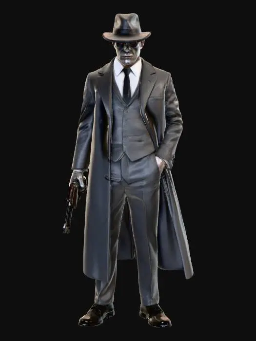 3D model for Un méchant de film de gangster classique, inspiré des années 1930 à 1950. Il porte un costume trois pièces sombre, une cravate fine, et un chapeau fedora incliné sur le côté. Son visage est marqué par la dureté : mâchoire carrée, regard froid et impitoyable, une cicatrice discrète sur la joue. Il tient un cigare dans une main et un revolver dans l’autre, #villain#
