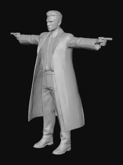3D model for #villain#,  a short, bold and sturdy person dressed in a formal black suit, black shirt, and black tie, standing in an upright pose. The individual is holding a black handgun in their right hand, pointing it upward in a non-threatening manner.  the expression is decided and purposefull. render is realistic