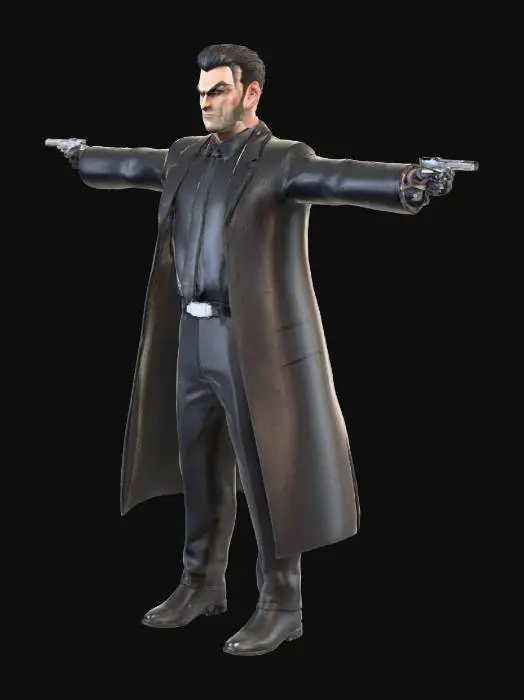 3D model for #villain#,  a short, bold and sturdy person dressed in a formal black suit, black shirt, and black tie, standing in an upright pose. The individual is holding a black handgun in their right hand, pointing it upward in a non-threatening manner.  the expression is decided and purposefull. render is realistic