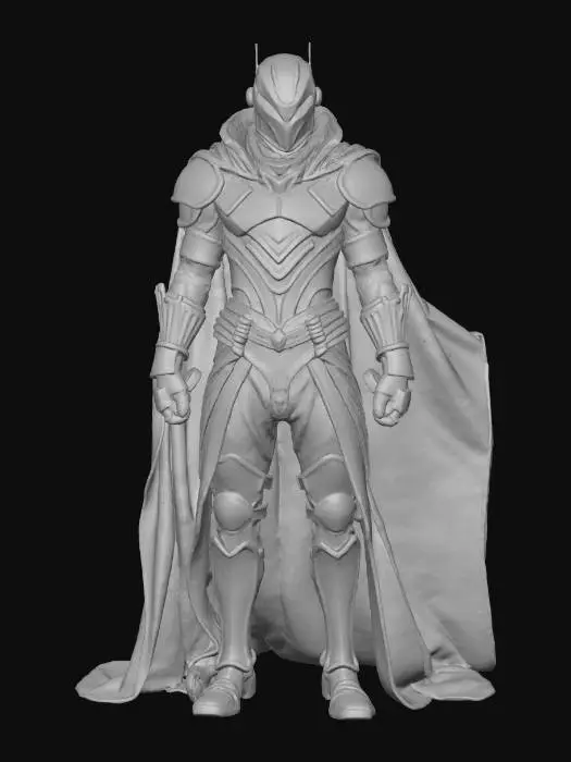 3D model for , #villain# a formidable armored character resembling a futuristic or sci-fi warrior. The figure is dressed in black segmented armor with a helmet that has a T-shaped visor and glowing red eyes, giving a menacing and mysterious appearance. A dark red, tattered cape flows behind the character, adding dramatic effect. The warrior is wielding two unique weapons: dual swords or saber-like blades emitting bright purple energy, reminiscent of a lightsaber but with a distinct three-pronged, electrified design. The overall style combines elements of medieval knights and Star Wars Sith aesthetics, presenting a powerful and intimidating presence.