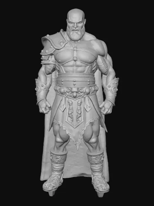 3D model for , #villain#, a muscular individual dressed in what appears to be Roman-style gladiator armor. The person is bald and is standing in a strong pose with fists clenched. The armor includes a detailed chest plate with ornate decorations, shoulder guards, bracers on both arms, and a leather-like skirt with metallic decorations. The face of the individual is agressiveand violent looking