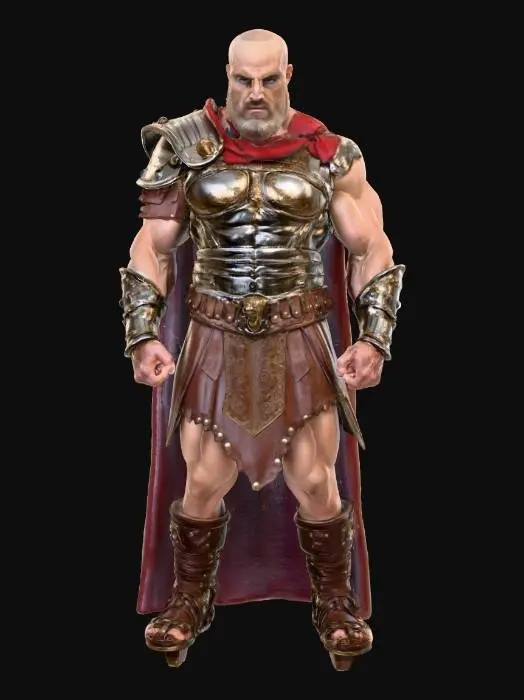 3D model for , #villain#, a muscular individual dressed in what appears to be Roman-style gladiator armor. The person is bald and is standing in a strong pose with fists clenched. The armor includes a detailed chest plate with ornate decorations, shoulder guards, bracers on both arms, and a leather-like skirt with metallic decorations. The face of the individual is agressiveand violent looking